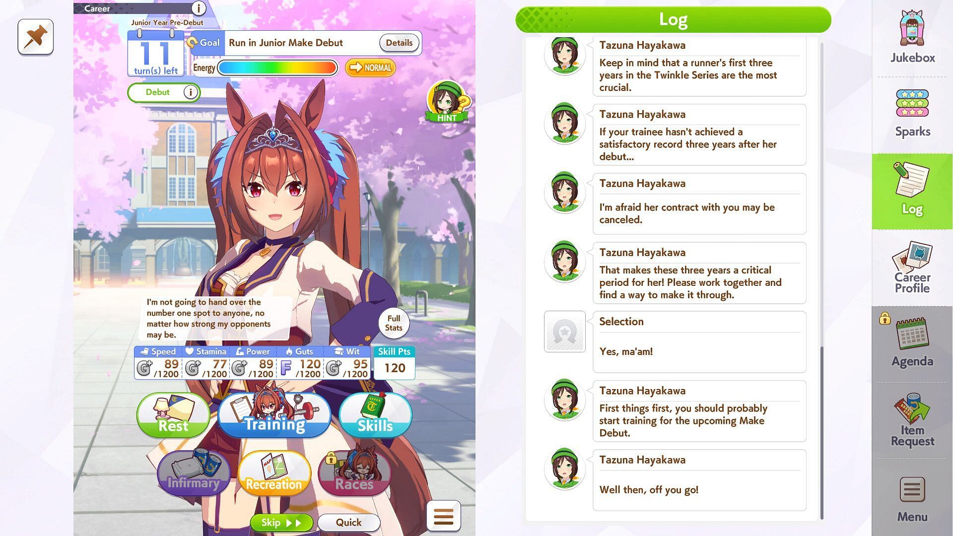 Talking to characters in Umamusume: Pretty Derby (Image via Cygames)